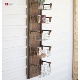 Recycled Wood & Metal Wall Rack W Six Wire Storage Baskets 9.5" X 12.5" X 56"T