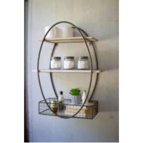 Tall Oval Metal Framed Wall Unit With Recycled Wood Shelves
