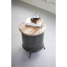 Cylinder Shaped Metal Side Table With Mango Wood Top