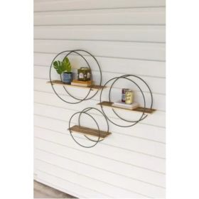 Set Of Three Recycled Wood Shelves With Round Metal Frames