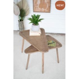 Set Of 2 Wooden Triangle Nesting Tables W Woven Rattan Tops Large 39" X 23.5" X 24"T