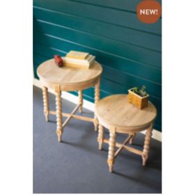 Set Of 2 Round Wooden Side Tables With Turned Legs Large 22"D X 23.5"T