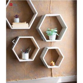 Set Of Four Recycled Wood Hexagon Wall Shelves - Whitewash