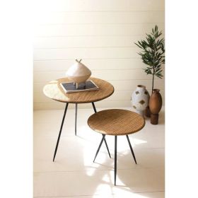 Set Of Two Round Metal Side Tables With Woven Cane Tops