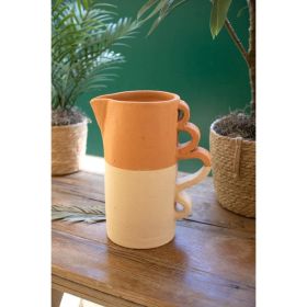 Ivory-Dipped Clay Pitcher Vase With Squiggle Handles