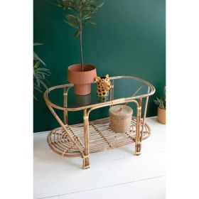 Oval Cane Table With Glass Top