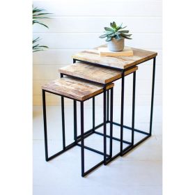 Set Of Three Nesting Square Wood And Iron Side Tables