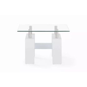 White glossy leg End Table with Rectangular Clear Glass Top