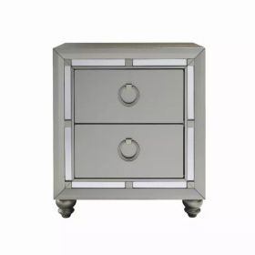 Silver Champagne Tone Nightstand with 2 Drawer  Mirror Trim Accent
