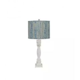 Distressed White Table Lamp with Wood Planks in Blue Shade
