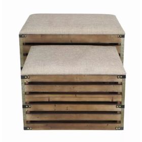 Set of 2 Rectangular Brown Linen Fabric and Wood Slats Storage Benches
