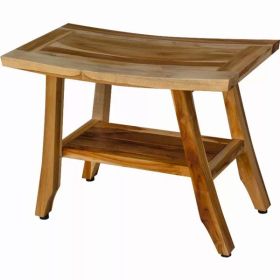Compact Teak Rectangular Shower  Outdoor Bench with Shelf in Natural Finish