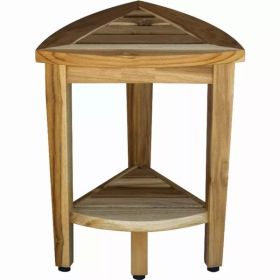 Compact Teak Corner Shower or Outdoor Bench with Shelf in Natural Finish