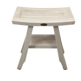 Compact Square Teak Shower Stool with Shelf in White Finish