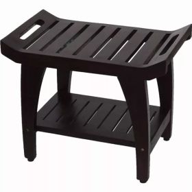 Contemporary Teak Shower Bench with Shelf and Handles in Brown Finish
