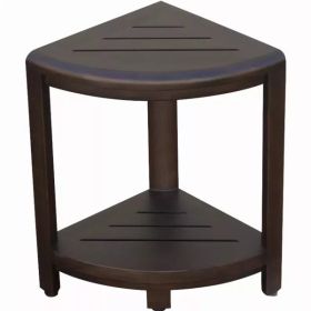 Compact Triangular Teak Shower Outdoor Bench with Shelf in Brown Finish