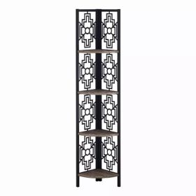 62" Bookcase with 4 Solid Taupe Shelves and Black Metal Corner Etagere