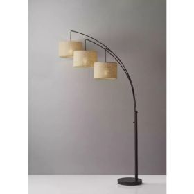 Three Light Bronze Metal Finish Arc Floor Lamp with Suspended Burlap Drum Shades