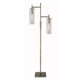 Two Light Modern Floor Lamp Clear Glass Cylinder Shade with Vintage Filament Bulb Antique Brass Metal Pole