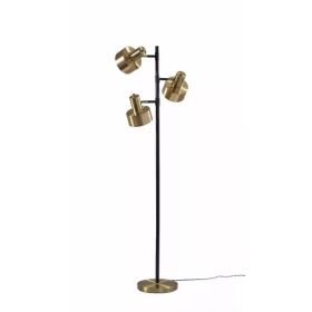 Three Light Floor Lamp with Matte Black Pole and Adjustable Antique Brass Metal Shades