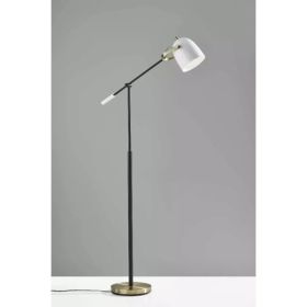 Matte Black and Antique Brass Metal Floor Lamp with Adjustable Arm and White Metal Shade