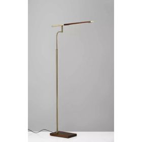 Thin Silhouette Adjustable LED Floor Lamp with Walnut Wood Finish and Antique Brass Accents