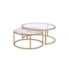36" X 36" X 16" Faux Marble Gold Metal Engineered Wood 2Piece Pk Nesting Table Set