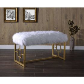 18" X 38" X 21" White Faux Fur Gold Metal Upholstered (Seat) Bench